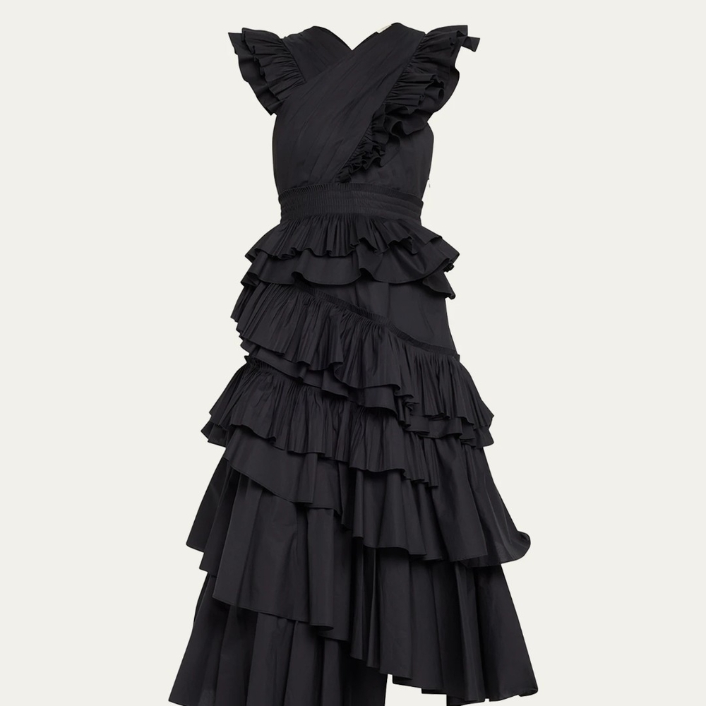 Ulla Johnson Black Asymmetrical Ruffle Midi Dress - Aurore NWOT Never Worn